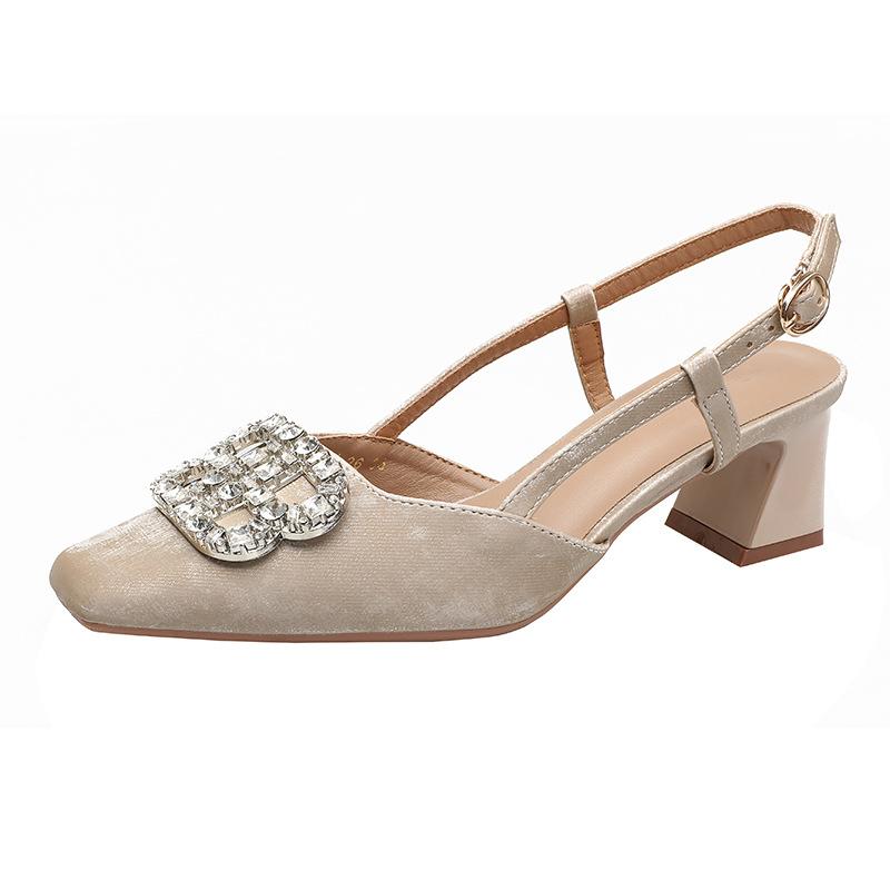 One-word buckle with bag head sandals women's summer 2025 new mid-heel single shoes fashionable green back empty high heels thick heel