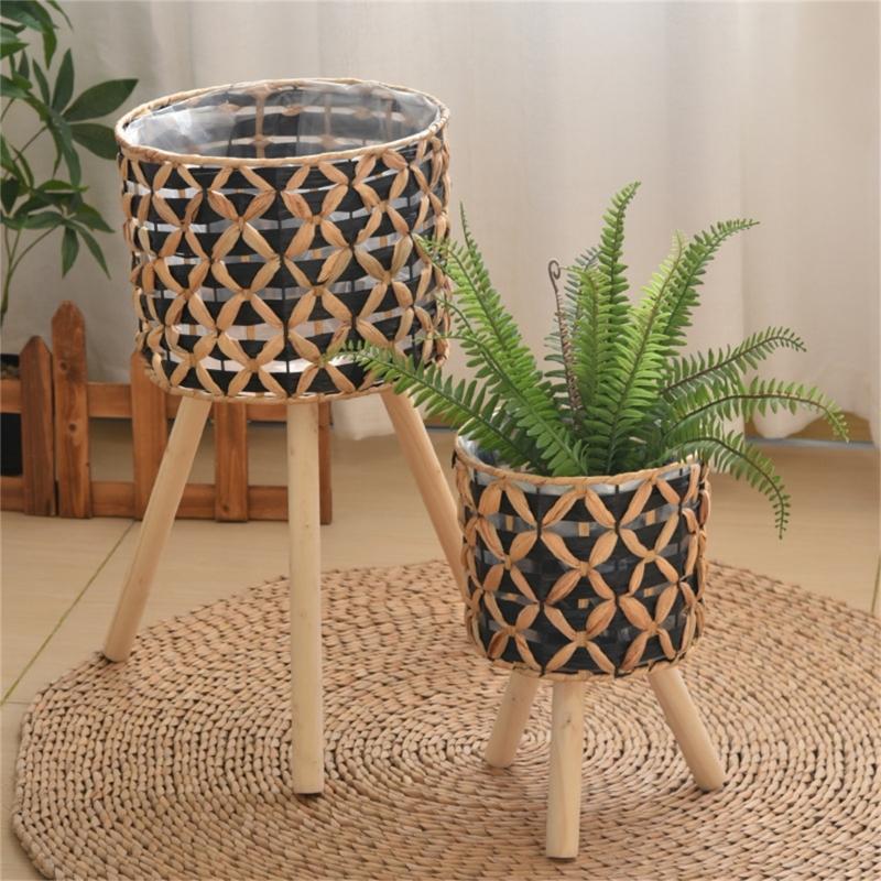 Wood Legged Gourd Grass Plant Stand for Indoor Outdoor Display Hand Woven Planter Basket Flower Pots Storage Container