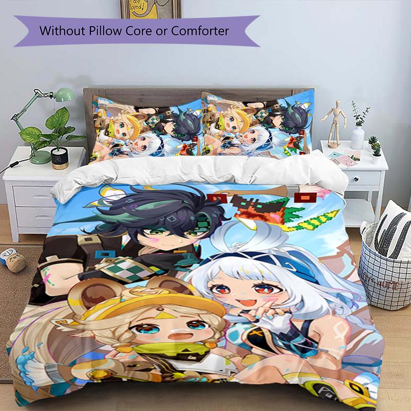 Set lenzuola con motivo personaggi Genshin Impact 3 pezzi set copripiumino include copripiumino e federe, decorazione camera da letto e regalo perfetti per tutte le stagioni