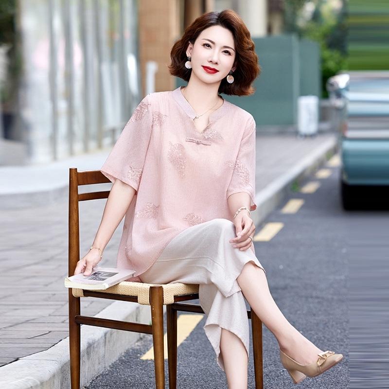 

2026 Summer Chinese Style Short Sleeve T-Shirt for Women - Stylish Loose Fit Plus Size for Middle-Aged & Elderly XL [80-95 lbs]