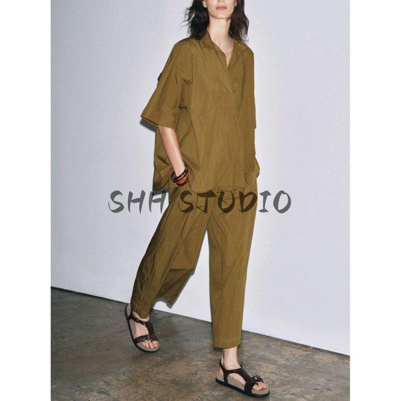 Cotton Blend Loose V Neck Short Sleeve Shirt 5344118 High Waist Poplin Pleated Casual Pants 2731249