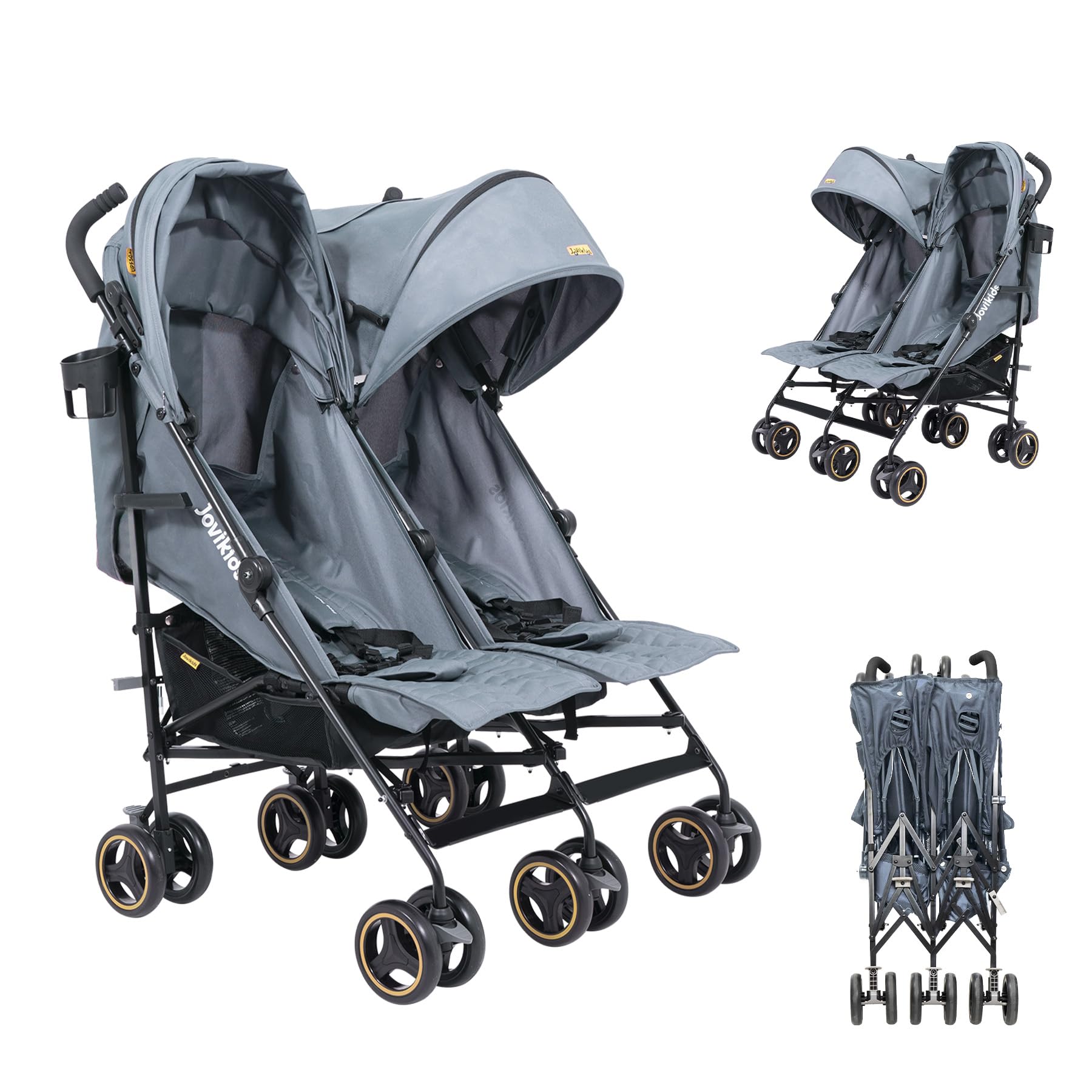 

Jovikids Двойная коляска Коляска типа A B Легкая Компактная с солнцезащитным дождевиком и подстаканником для младенцев от рождения до 36 месяцев Капюшон, серый
