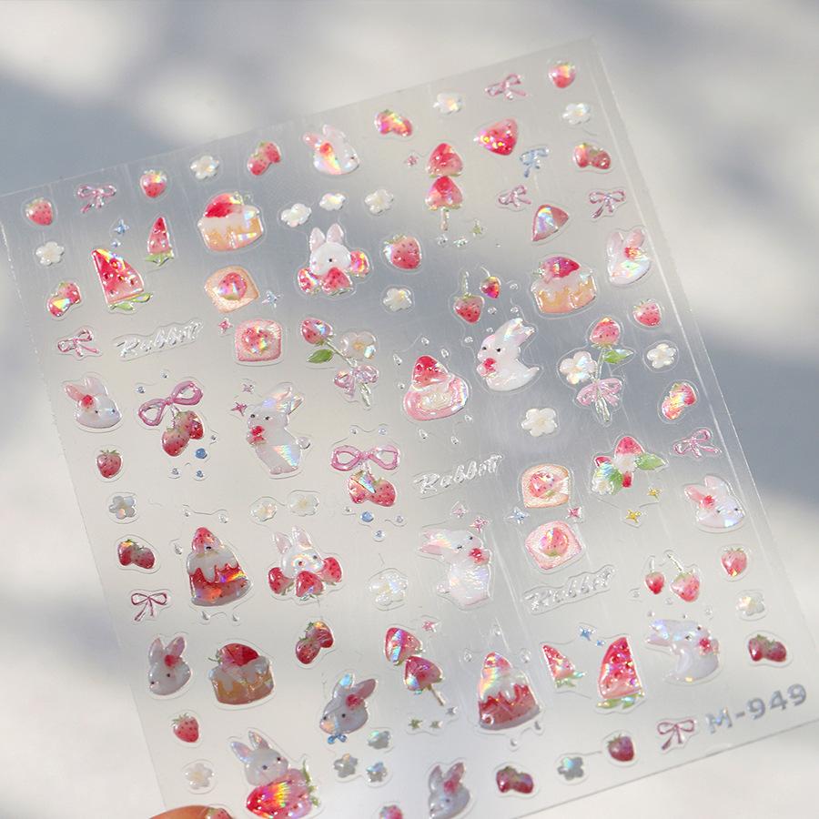 Sweet Strawberry Bow Nail Art Stickers 5D Gold Silver Strawberry Cherry Metal Nail Stickers DIY Nails Decoration Decals