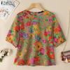 ZANZEA Damen Lässige Rundhals 3/4-Ärmel Bluse mit Blumendruck