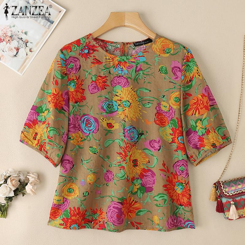 ZANZEA Damen Lässige Rundhals 3/4-Ärmel Bluse mit Blumendruck