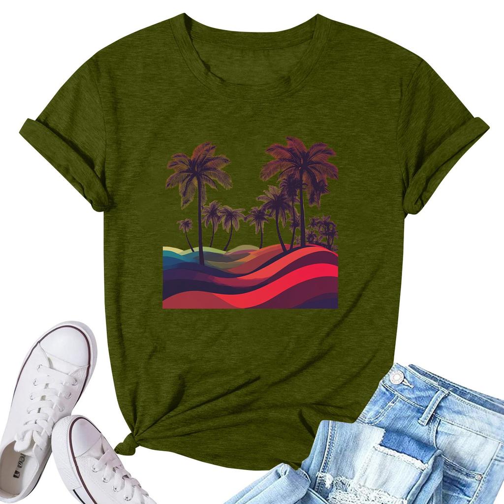 Women's Fashion Printed Casual Pleated Round Short Sleeve T-Shirt Top