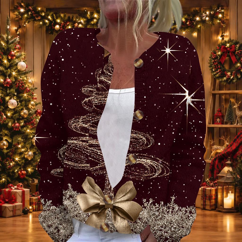Stylish Women's Christmas Print Long Sleeve Knit Cardigan Button Front Casual Sweater