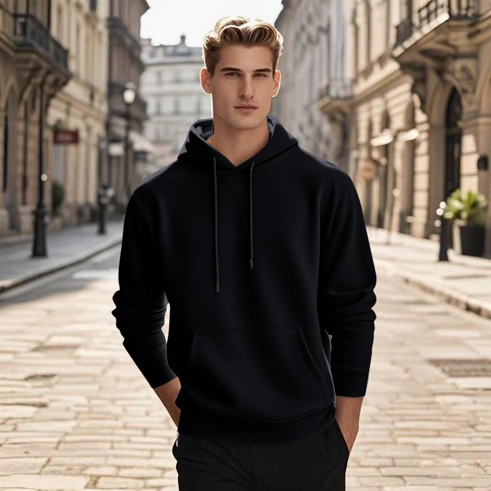 

Men s Pullover Hooded Sweatshirt Solid Color Round Neck Loose Hoodie Long Sleeve Top XXXL чёрный