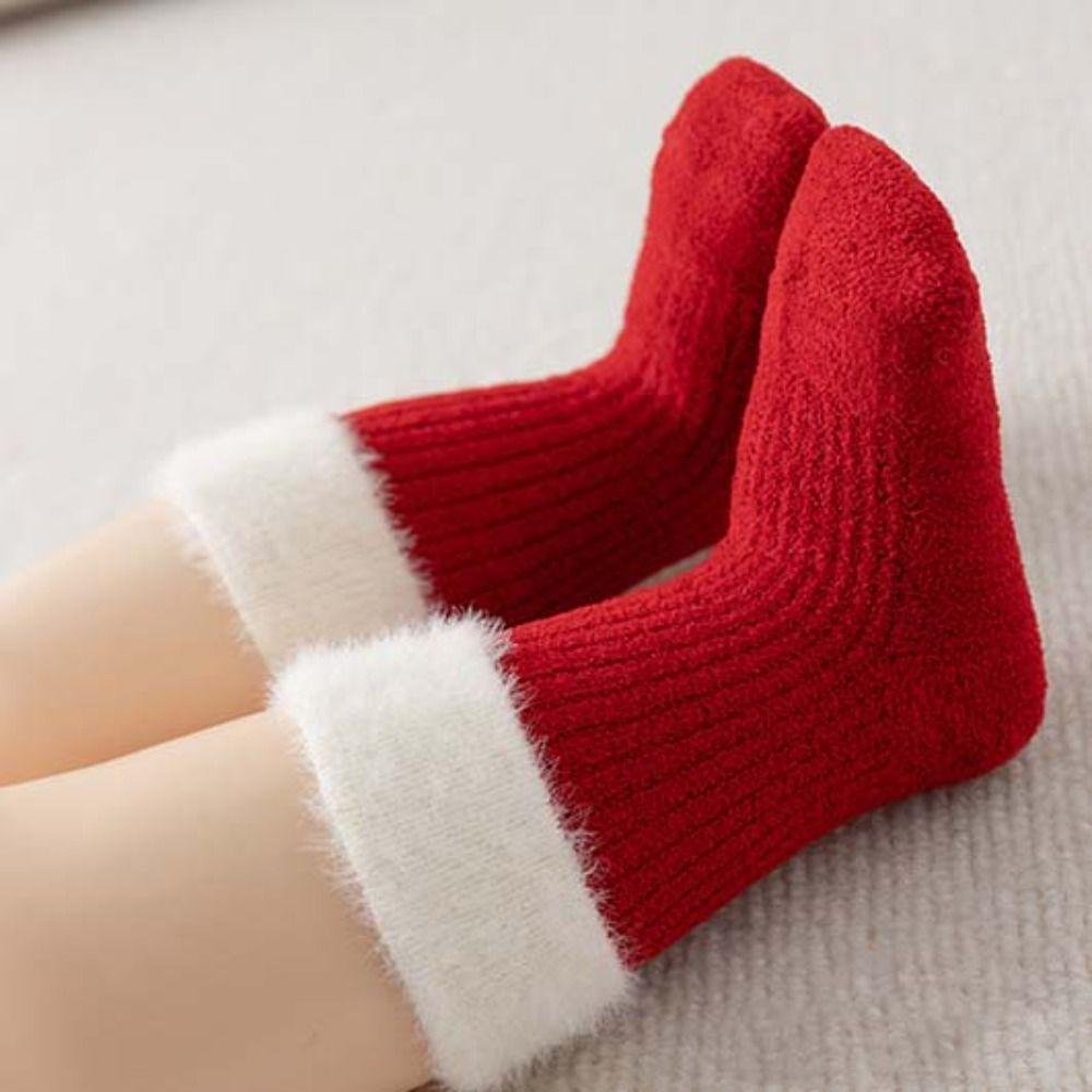 5Paits Stripe New Year Red Socks Thicken Warm Toddle Tube Socks Baby Plush Red Socks  Autumn