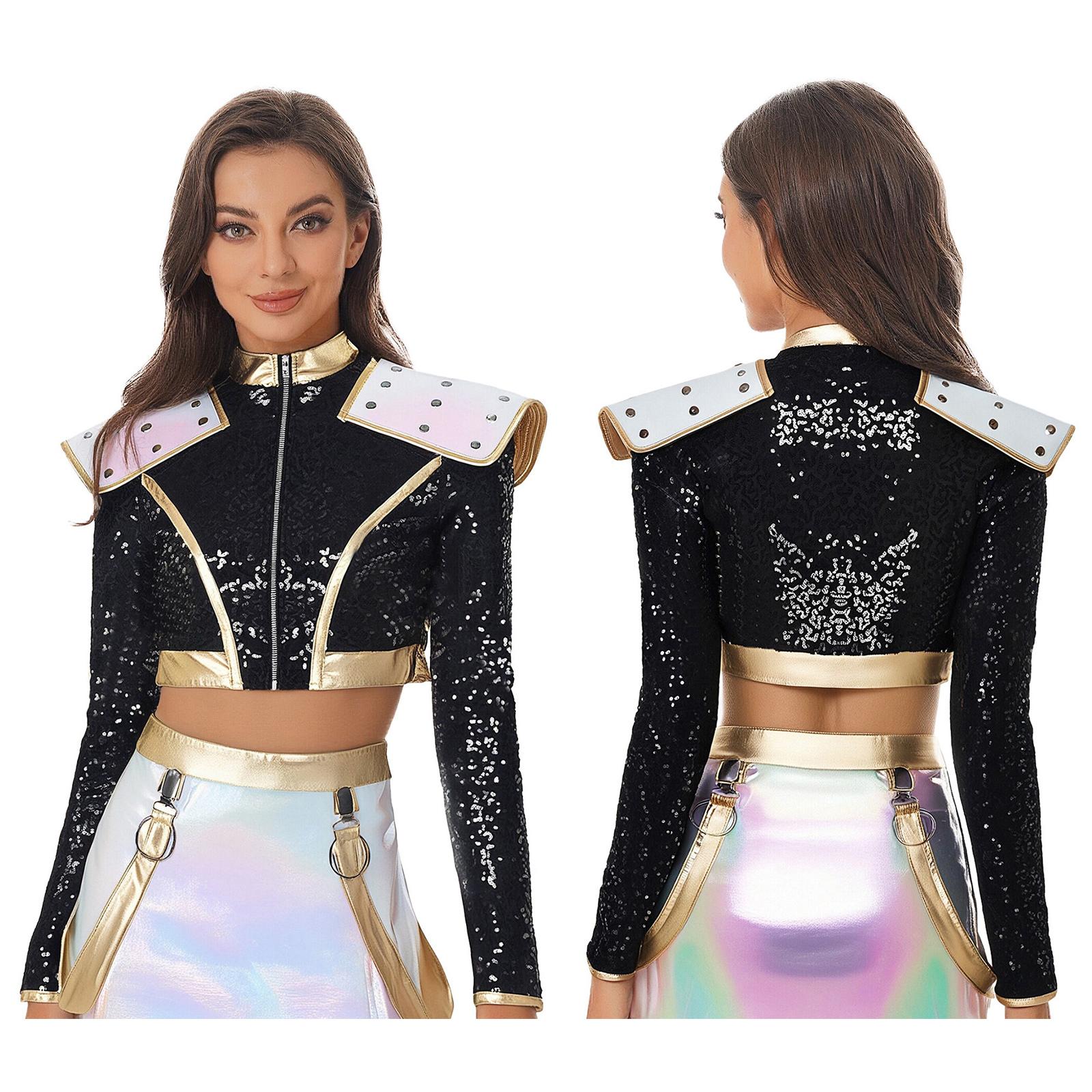

Women’s Edgy Dance Cosplay Top S-4XL: Statement Shoulder Epaulet, Metallic Sequin Patchwork & Easy Zip Front for Club S чорний