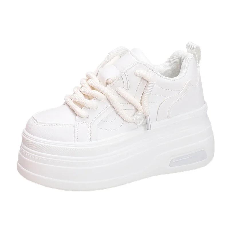Fashion New Chic Platform Sneakers for Womens Leather Lace-up Comfort 8CM Thick Bottom Sport Shoe Small White Vulcanize Shoes