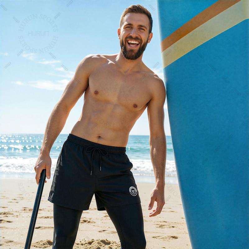 Mens Quick-Dry Surf Swim Trunks With Hidden Pocket 9/10 Length High-Elasticity Boardshorts Swimming Diving