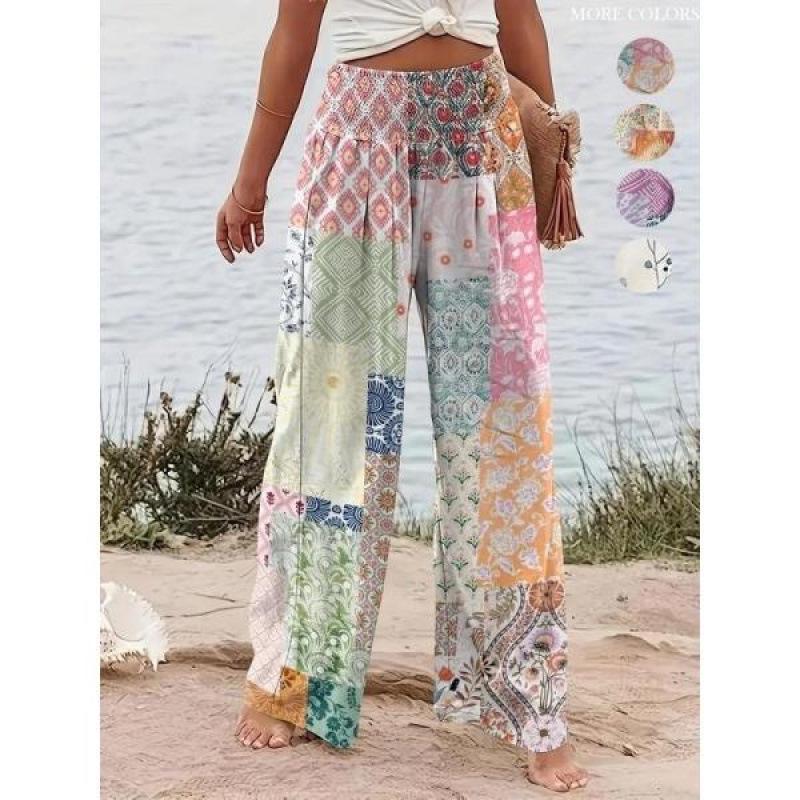 Women s Patchwork Elastic Waist Wide-Leg Pants Double Extra Large