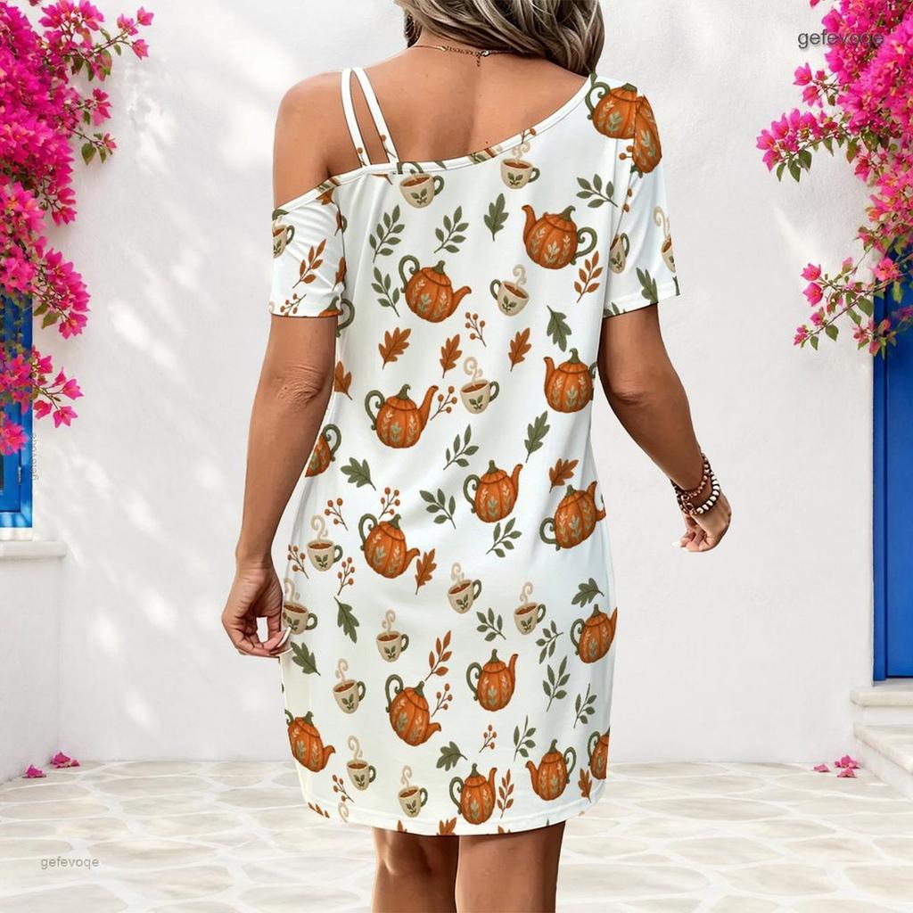 Women Plus Size One Shoulder Strappy Short Sleeve White Printed Loose Dress