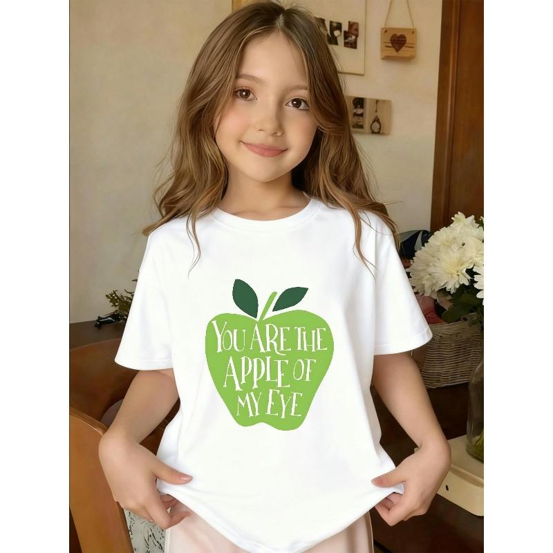 

European sizes Stylish and Casual Round Neck Short-sleeved T-shirt for Girls, Featuring a Cute Cartoon Apple Print; Perfect for Everyday Summer Wear. 98cm белый