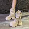 Neue Herbstliche Klobige Absatz-Hosenstiefel für Damen Leder Mid-Calf Stiefel 5,5 CM Hohe Plateau Reißverschluss Design Winter Motorrad Stiefeletten