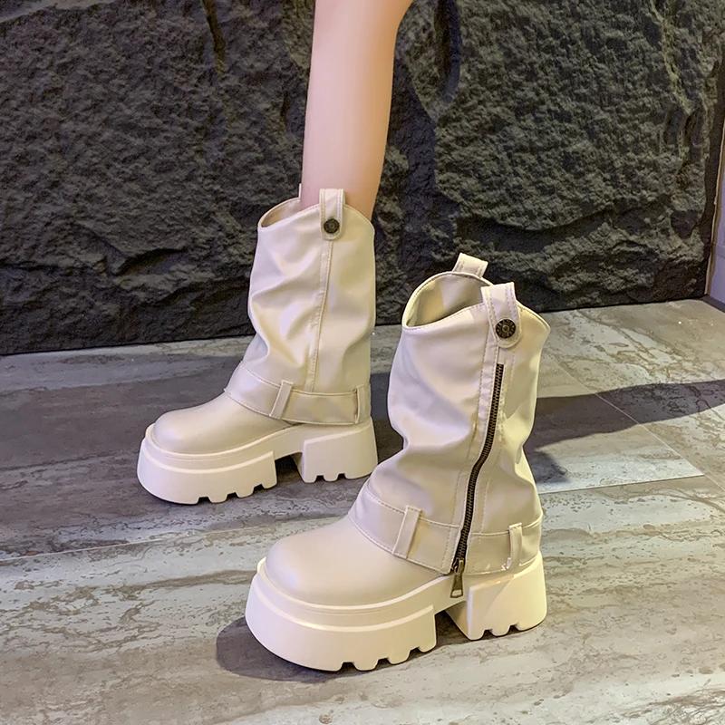 Neue Herbstliche Klobige Absatz-Hosenstiefel für Damen Leder Mid-Calf Stiefel 5,5 CM Hohe Plateau Reißverschluss Design Winter Motorrad Stiefeletten