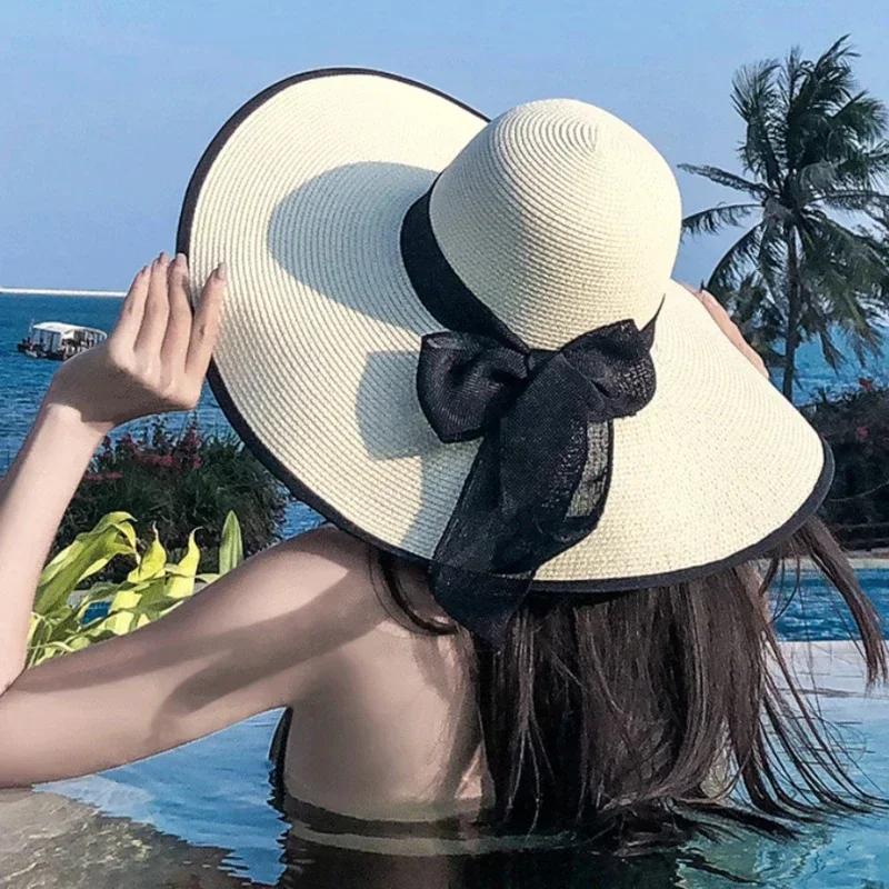 Damenmode Große Schleife Sommer Sonnenhüte Strand Flach Panama Dame Lässig Breitkrempiger Strohhut Strandkappe Schwarze Schleife Accessoires