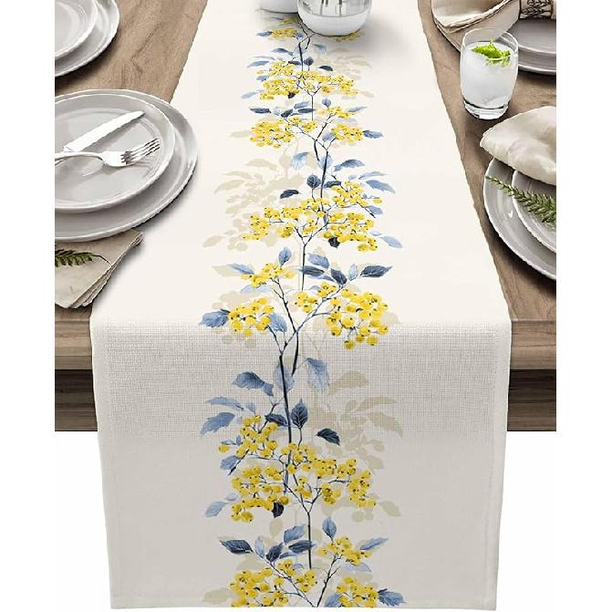 Summer Table Runner 70 Inches Long Spring Flower Wild Leaves Seasonal Runner for Tables Dining Room Blue White Yellow Floral Holiday Dinner Runner