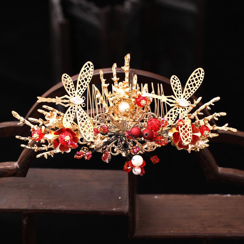 Tuanming Chinese Bridal Xiuhe Dress Phoenix Crown Headdress with Red Tassels