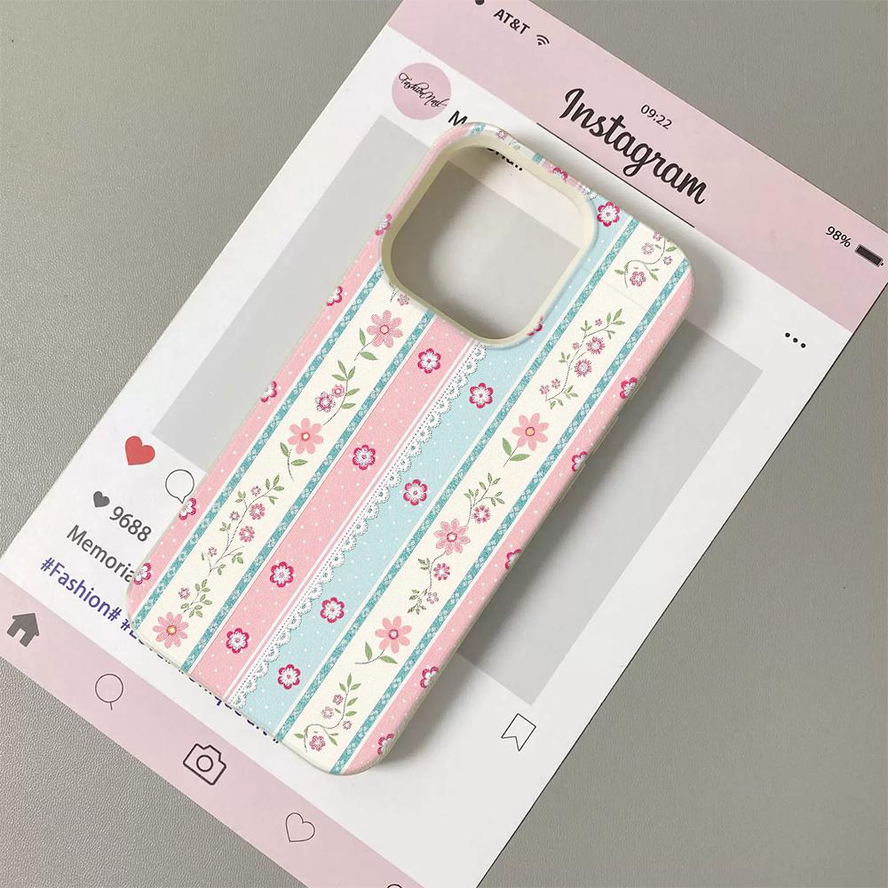 

Pink Green Floral Stripe Lychee Texture Phone Case For iPhone 17 16 14 15 Plus 13 12 11 Pro Max X XR 17 Air Shockproof Cover iPhone XR
