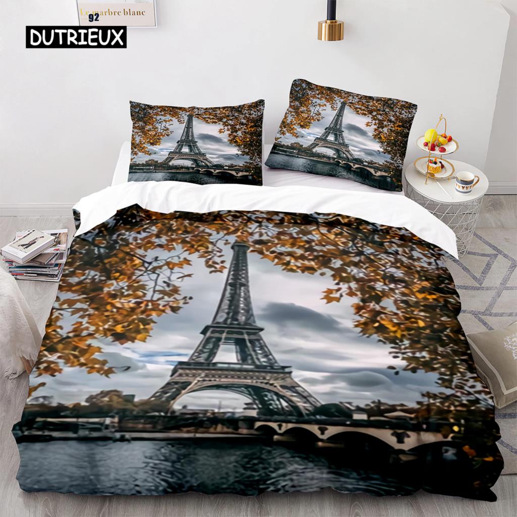 Eiffel Tower Duvet Cover Set King Size Paris Cityscape Twin Bedding Set Modern French Style Polyester Comforter Cover Boys Girls
