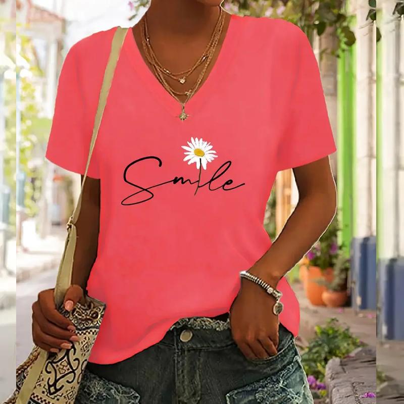 Fashion Smile Flowers Painting Blouses Short Sleeved V-Neck T Shirts Casual