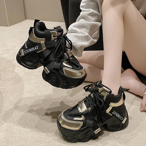 

мода Женские Зимние Теплые Ботинки на Платформе для Снега 2024 Массивные Папины Повседневные Спортивные Ботинки 8 см Толстая Подошва Кроссовки Кожа Плюшевые Кроссовки Женские 39 чёрный