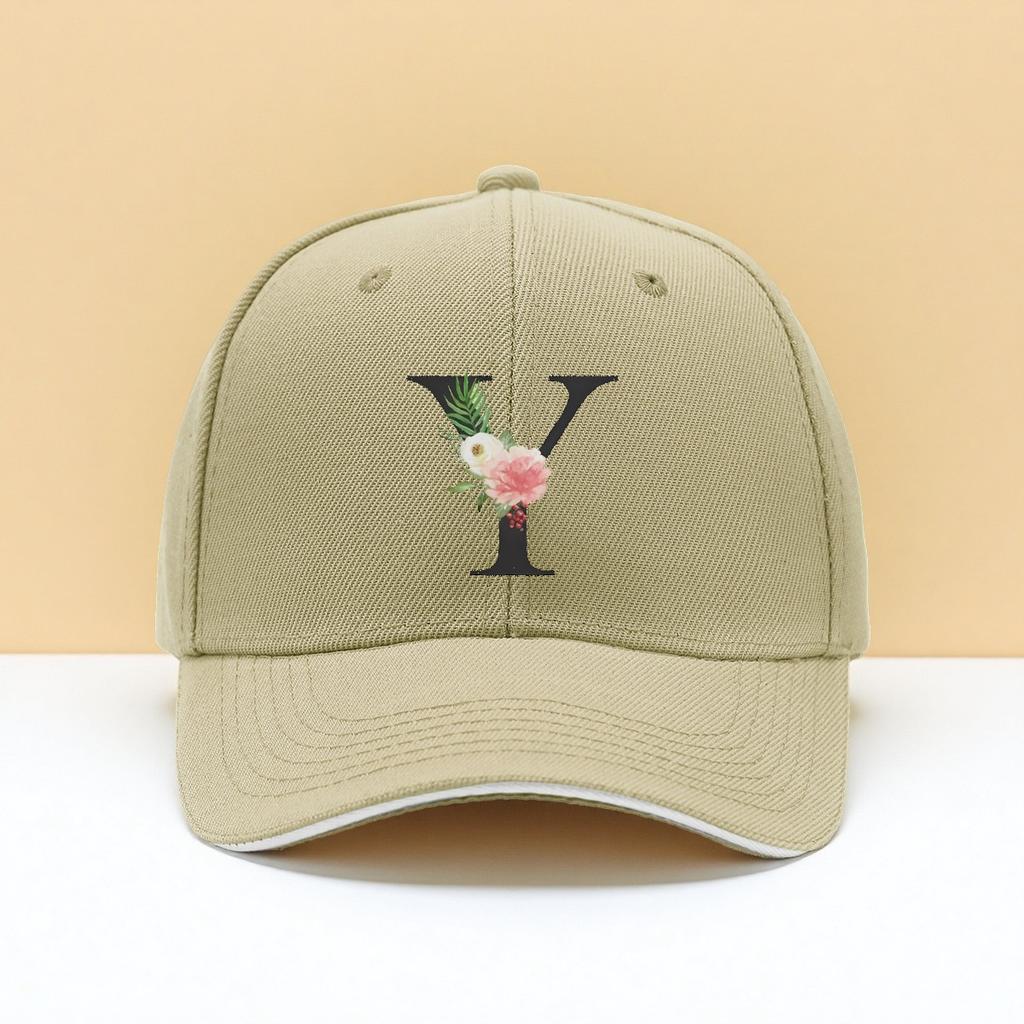 Floral Letter Y Baseball Cap Adjustable Black Polyester Fiber Unisex Outdoor Sports Hat
