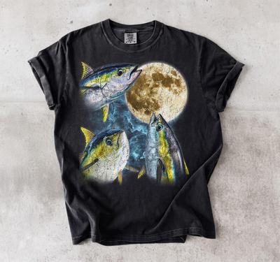 Yellowfin Tuna Fishing Tee, Full Moon Night Sky Design, Comfort Colors Cotton Shirt