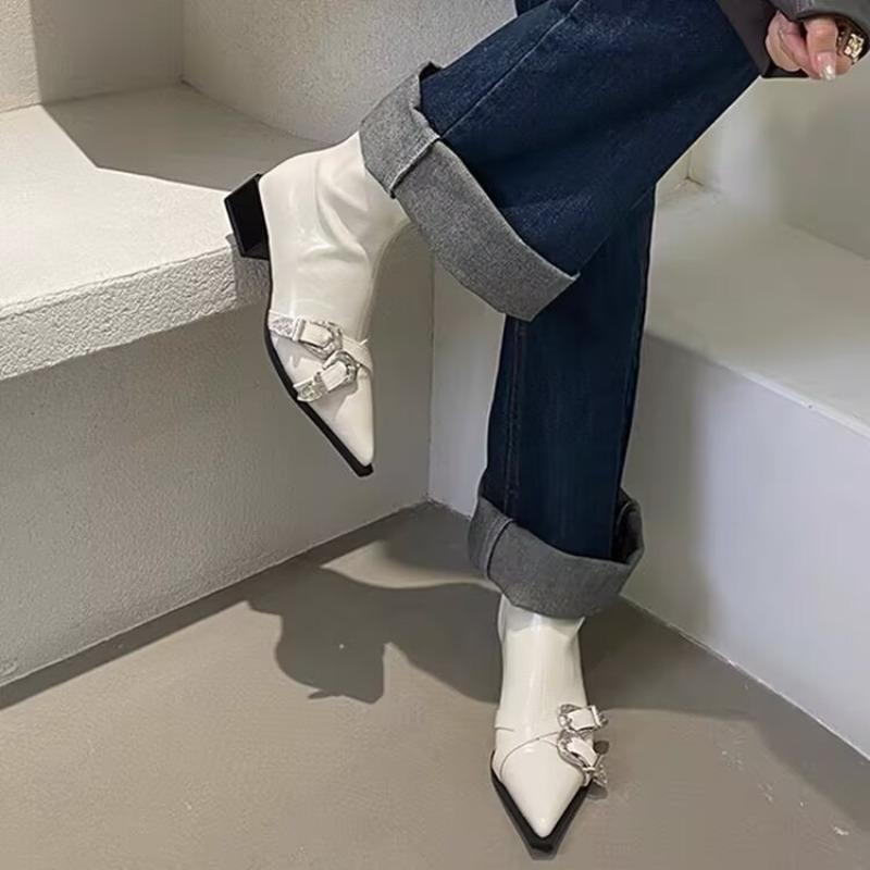 Fashion Chunky Heel Women Solid Boots Pointed Toe Side Zipper Autumn  Boots Belt Buckle Mid Calf Fashion Casual 2025 Newest Boots