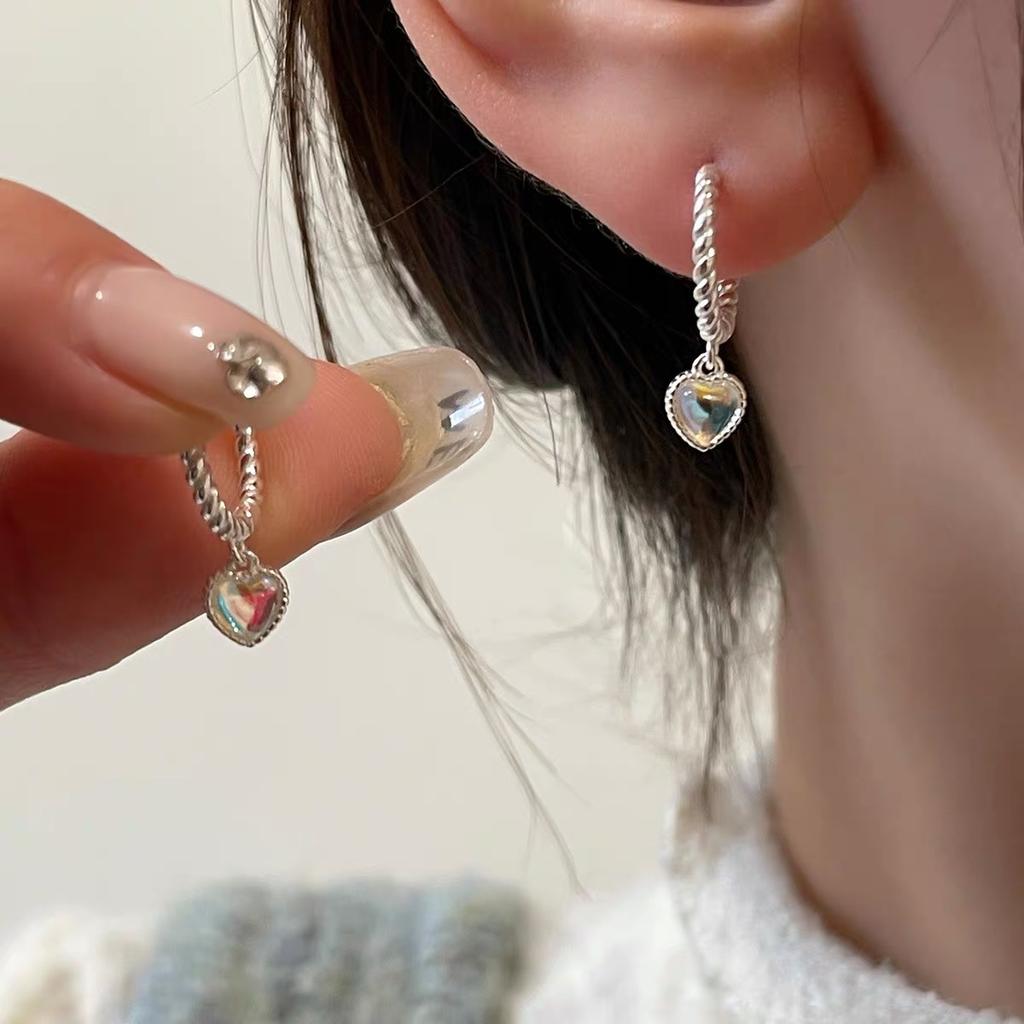 BF CLUB 925 Silver Earrings For Women Trendy Moonstone Heart Earring Jewelry Prevent Allergy Party Accessories