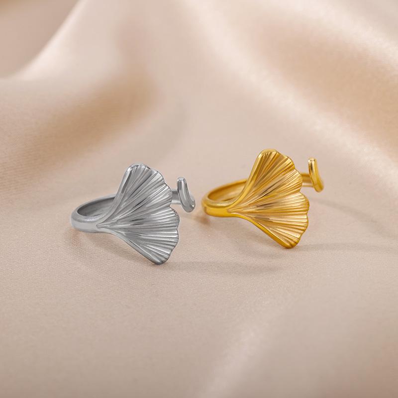 Vintage Ginkgo Leaf Rings For Women Stainless Steel Adjustable Open Finger Ring 2024 New Wedding Aesthetic Jewerly anillos mujer