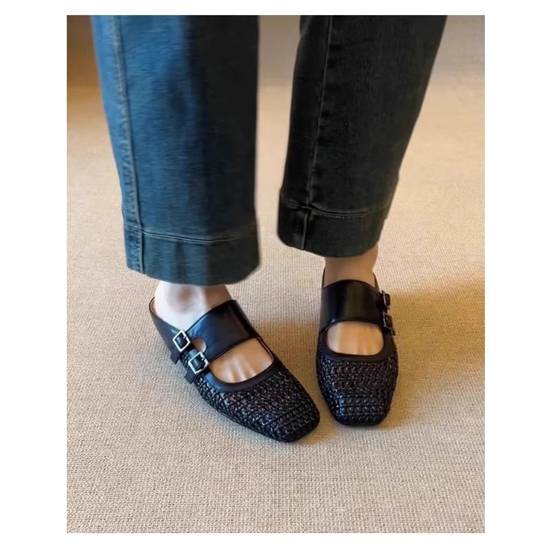 Women Women Summer Square Toe Double Buckle Wedge Heel Slip On Retro Breathable Outdoor Slides