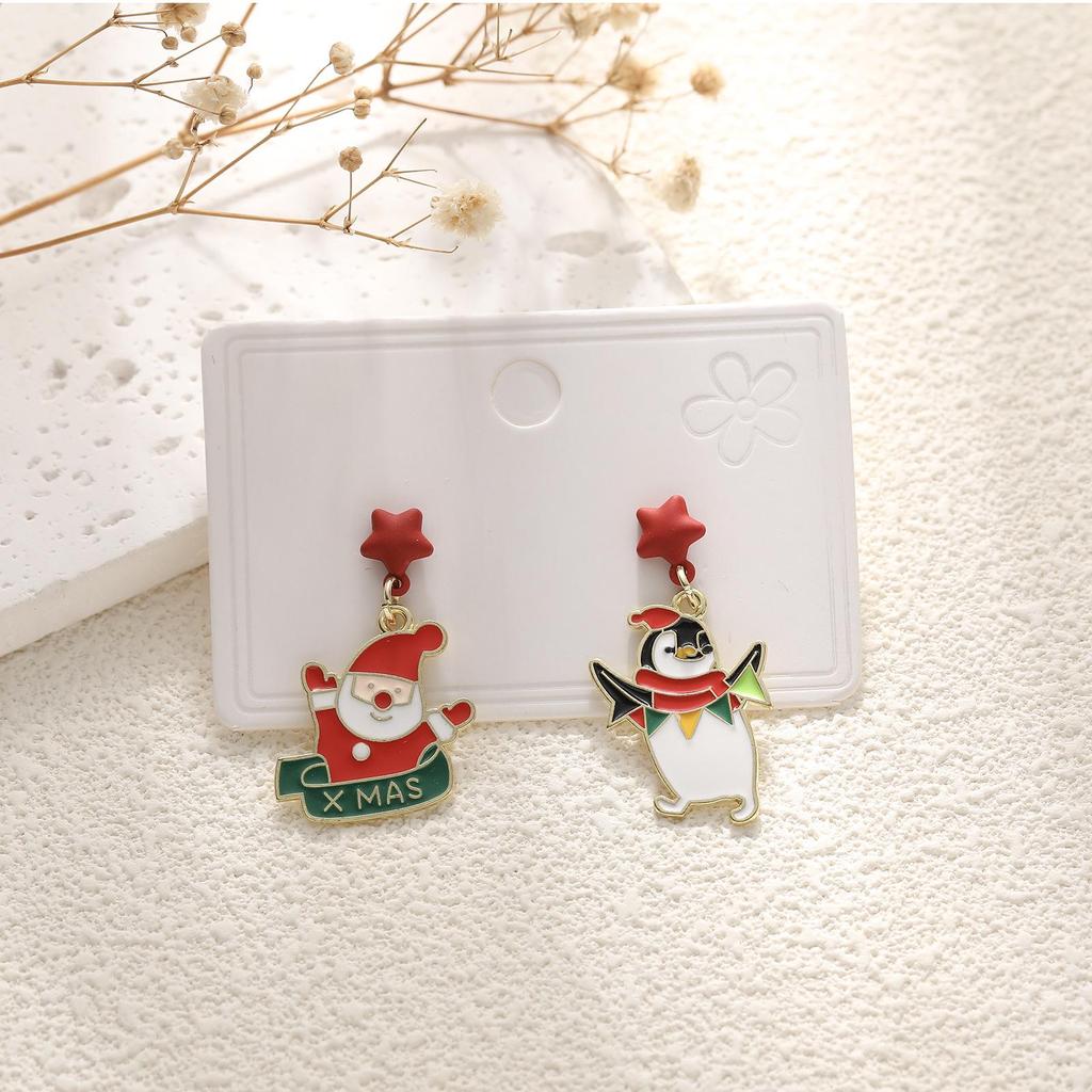 European & American Cartoon Rhinestone Christmas Earrings – High-End Asymmetrical Festive Jewelry for Women