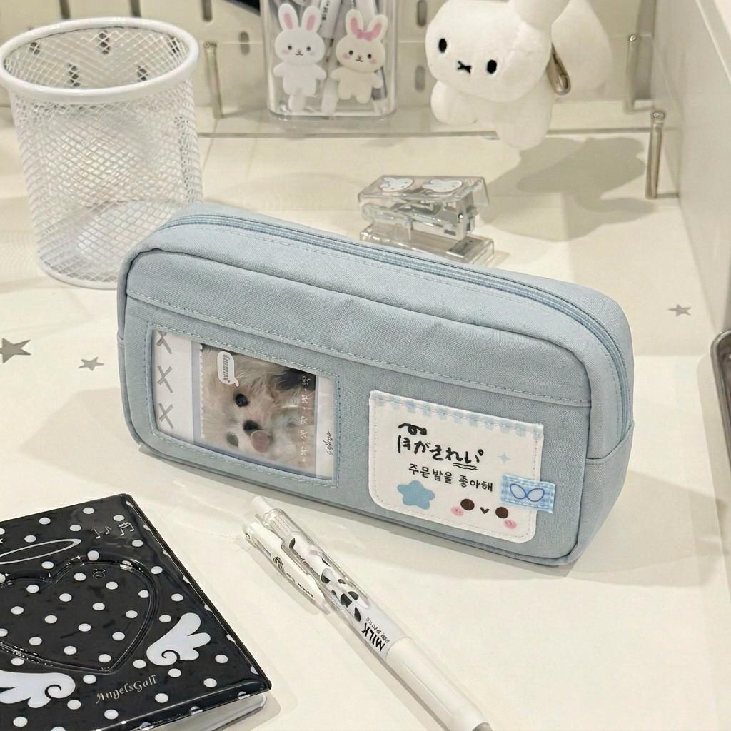 Blue White Cat Pencil Case With Canvas Material For Students And Office Use
