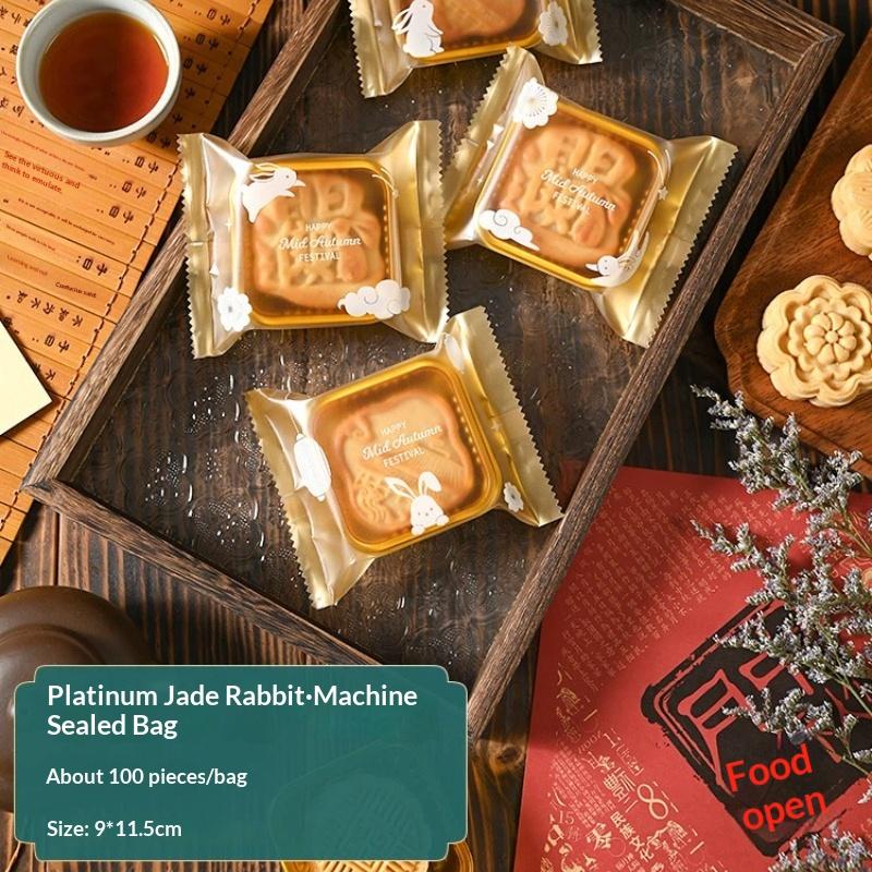 100Pcs Sealable Mooncake Packaging Bags Adorable Rabbit Prints Food Grade for Mid-Autumn Festival Baking Store Gift Packaging Use