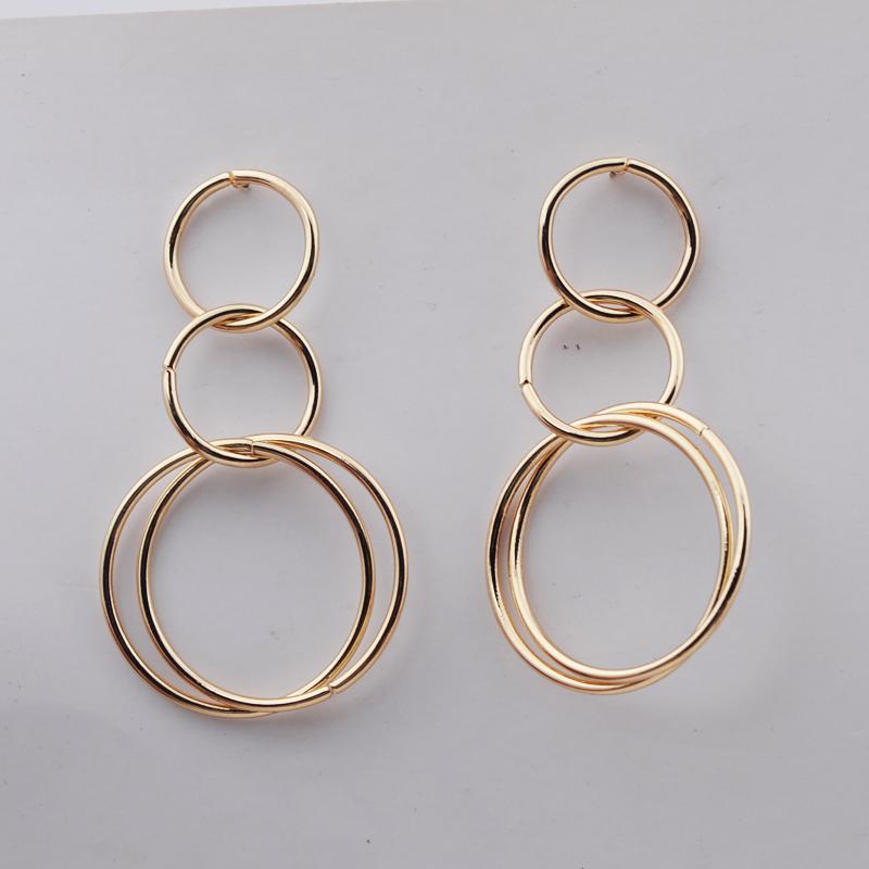 European Vintage Long Round Drop Earrings for Women Three Layer Hollow Circle Dangle Earrings Big Geometry Golden Jewelry