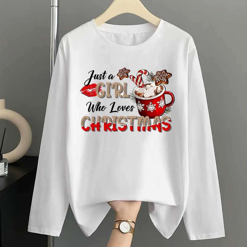 (Asian Size) Lovely Letter Merry Christmas New Year Graphic Tee Women Casual Fashion Top O-neck Clothing Print T Shirt Long Sleeve T-shirts
