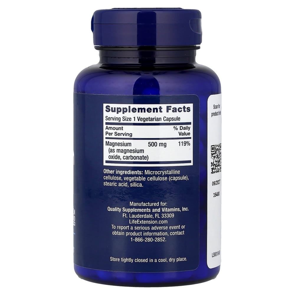 Life Extension Capsules de Magnésium 500mg Capsules Végétales, 100 Unités