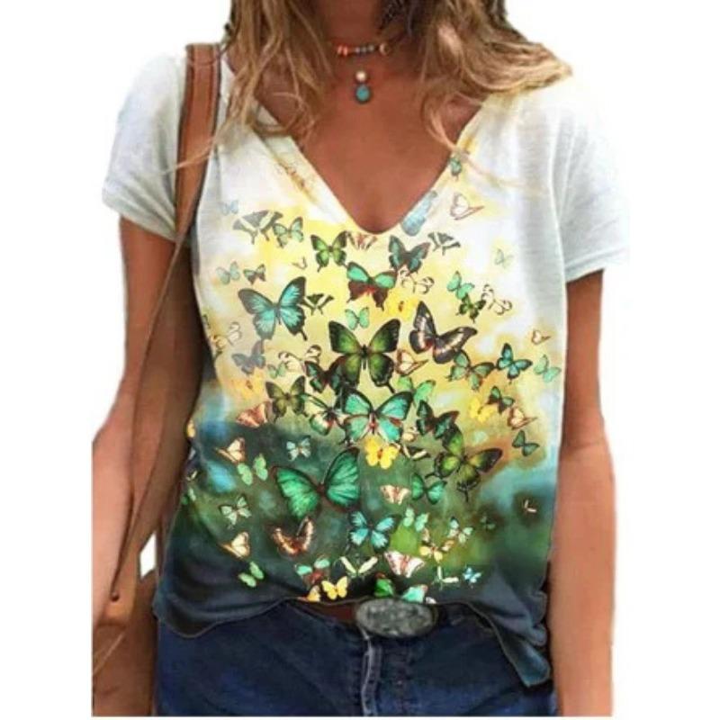 Sommer Schmetterling Libelle 3D V-Ausschnitt Bedruckt Neues Damen Top T-Shirt