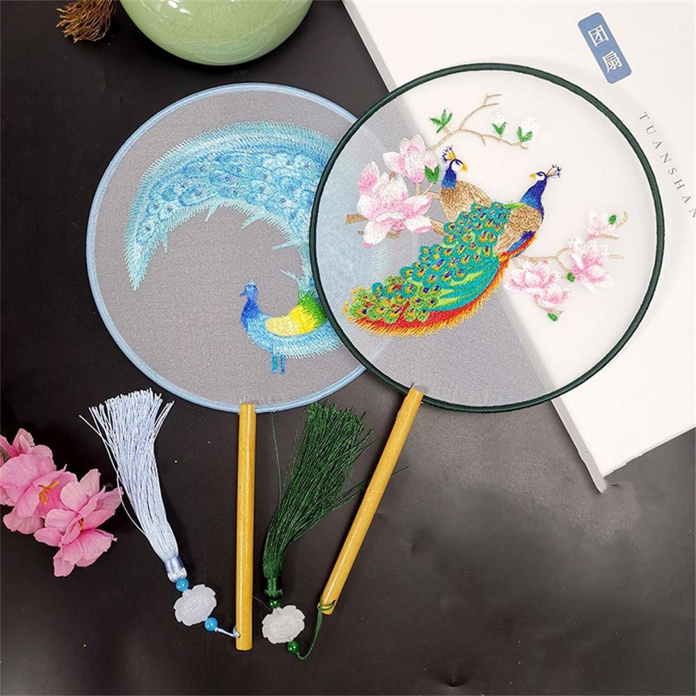 Round Double Sided Embroidery Fan Chinese Style Wooden Handle Embroidery Round Fan with Pendant Handheld Flower Silk Fan