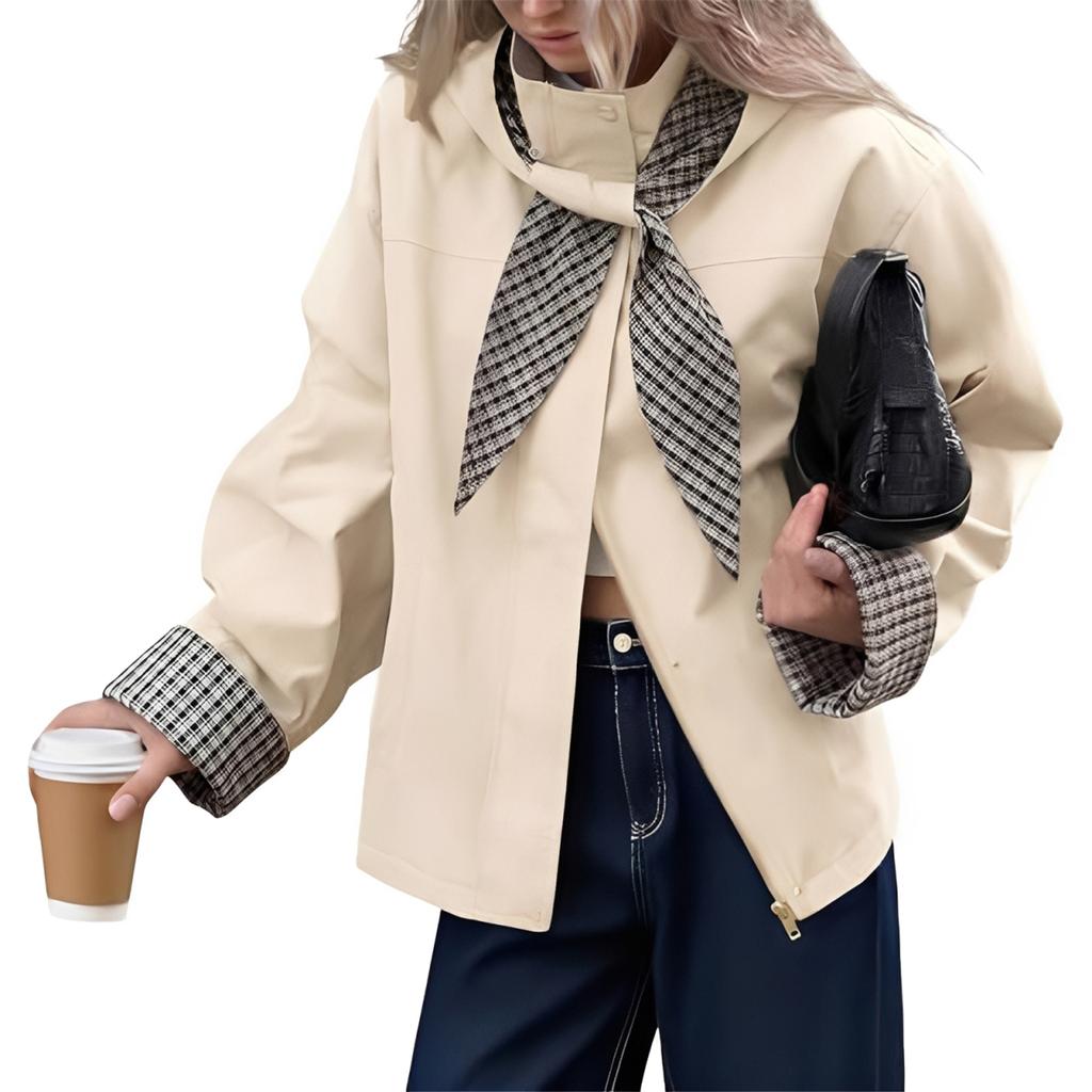 Kort Trenchcoat til Kvinder med Aftagelig Ternet Hætte Afslappet Efterårsjakke