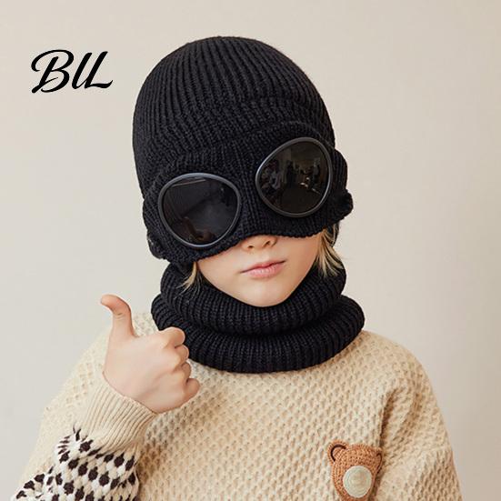 Toddler Cold Weather Windproof Hat 1 Set Knit Neck Warmer for Kids, Winter Earflap with Goggles, Soft Elastic Outdoor Play Fleece Lined Aviator