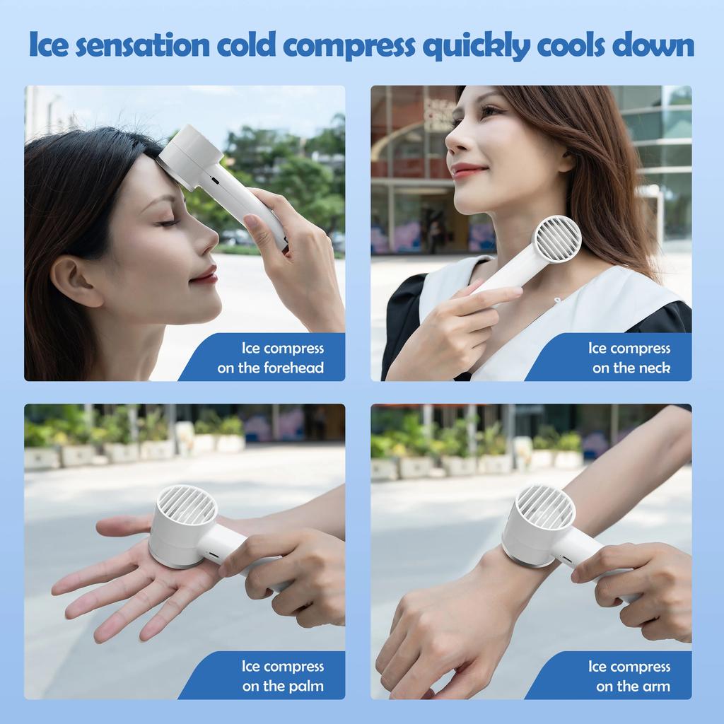 Mini Handheld High-speed Turbo Fan with Cold Compress and Portable Hooks 5 Speed Adjustable Type-C Rechargeable Air Cooling Fans