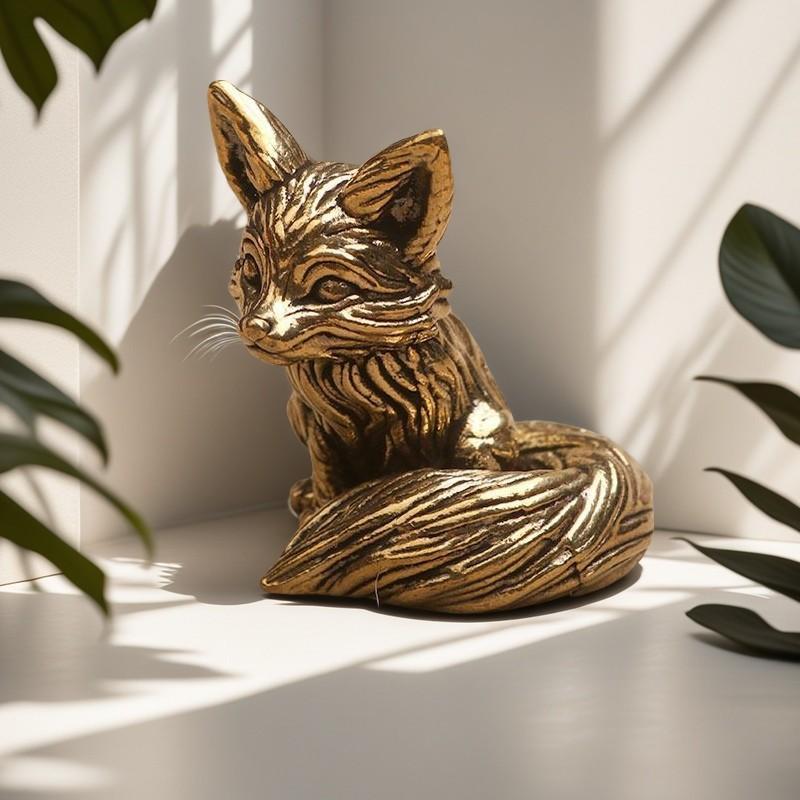 Alloy Fox Figurine Vintage Golden Finish Handcrafted Detailed Carving Mini Decor Statue for Bedroom Desktop Home Decoration