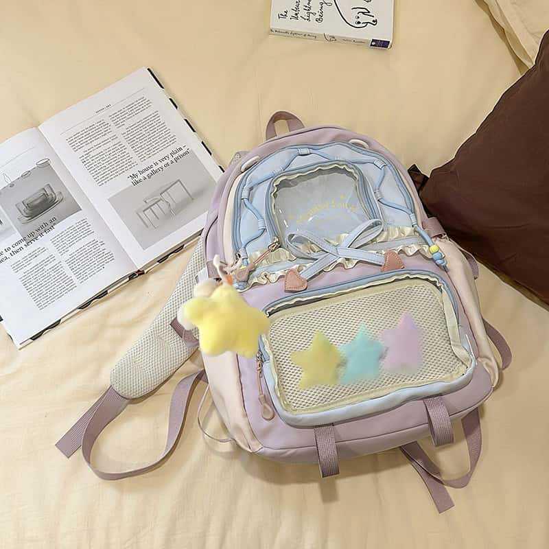 Women's Color Block College-Style Backpack with Ballet Ruffle Lace Design