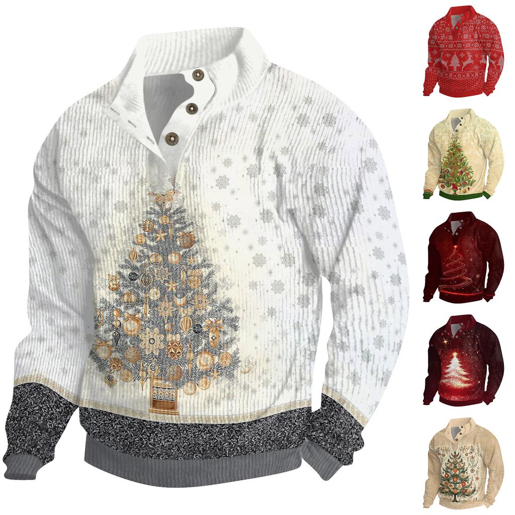 Men's Christmas Cotton Pullover Long Sleeve Outdoor Shirt Vintage Corduroy Button Stand Collar Shirt Casual Sweatshirt Christmas Print Top