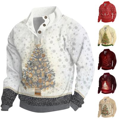 Men's Christmas Cotton Pullover Long Sleeve Outdoor Shirt Vintage Corduroy Button Stand Collar Shirt Casual Sweatshirt Christmas Print Top