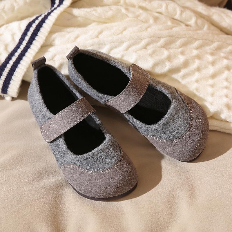 

Leather retro plush Mary Jane single shoes women s 2025 new soft flat Velcro one-pedal ballet shoes 40 серый